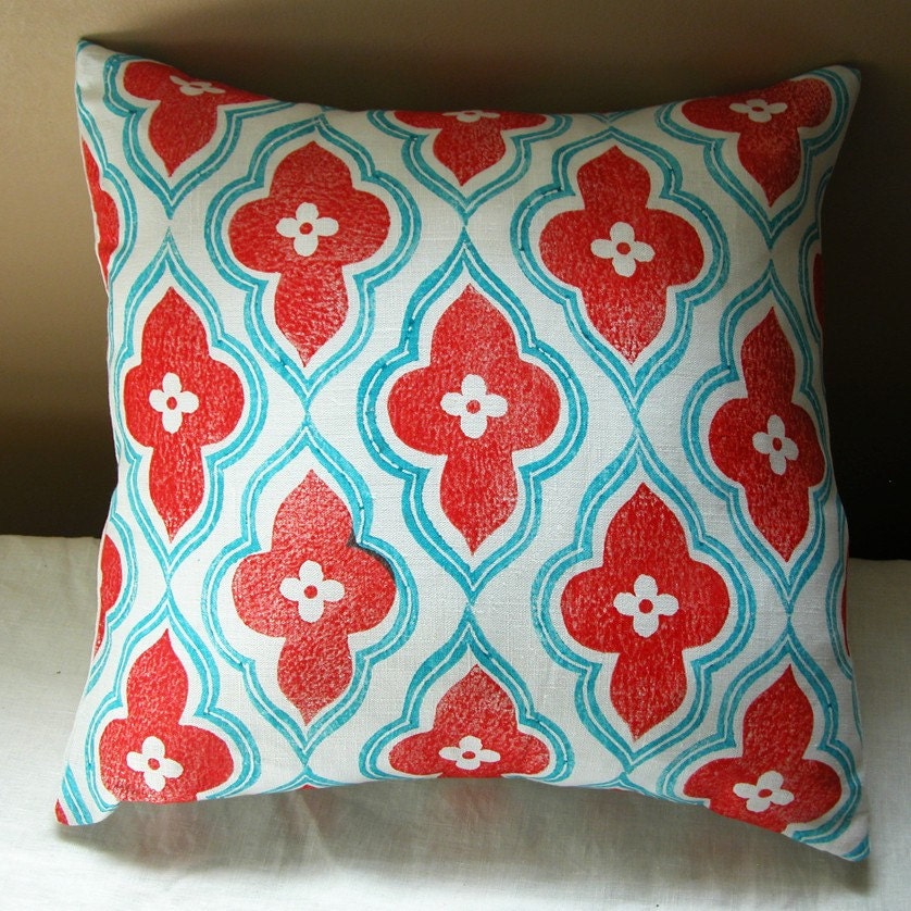 red and turquoise hand printed linen ogee design home decor pillow case