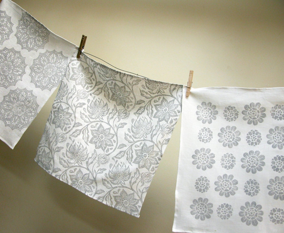 Winter White set of four linen hand printed dinner napkins