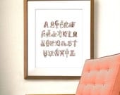 Vintage Alphabet Print 8x10 - Pink, Girl's Nursery Artwork, Shades of Pink with Chocolate Brown