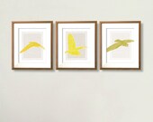 Owls in Flight - Owl Print -  3 8x10 Prints in Mustard, Olive and Chartreuse on Grey Linen Background
