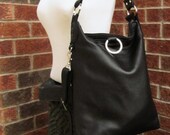 Black leather purse, fold over bag, simple slouchy leather tote