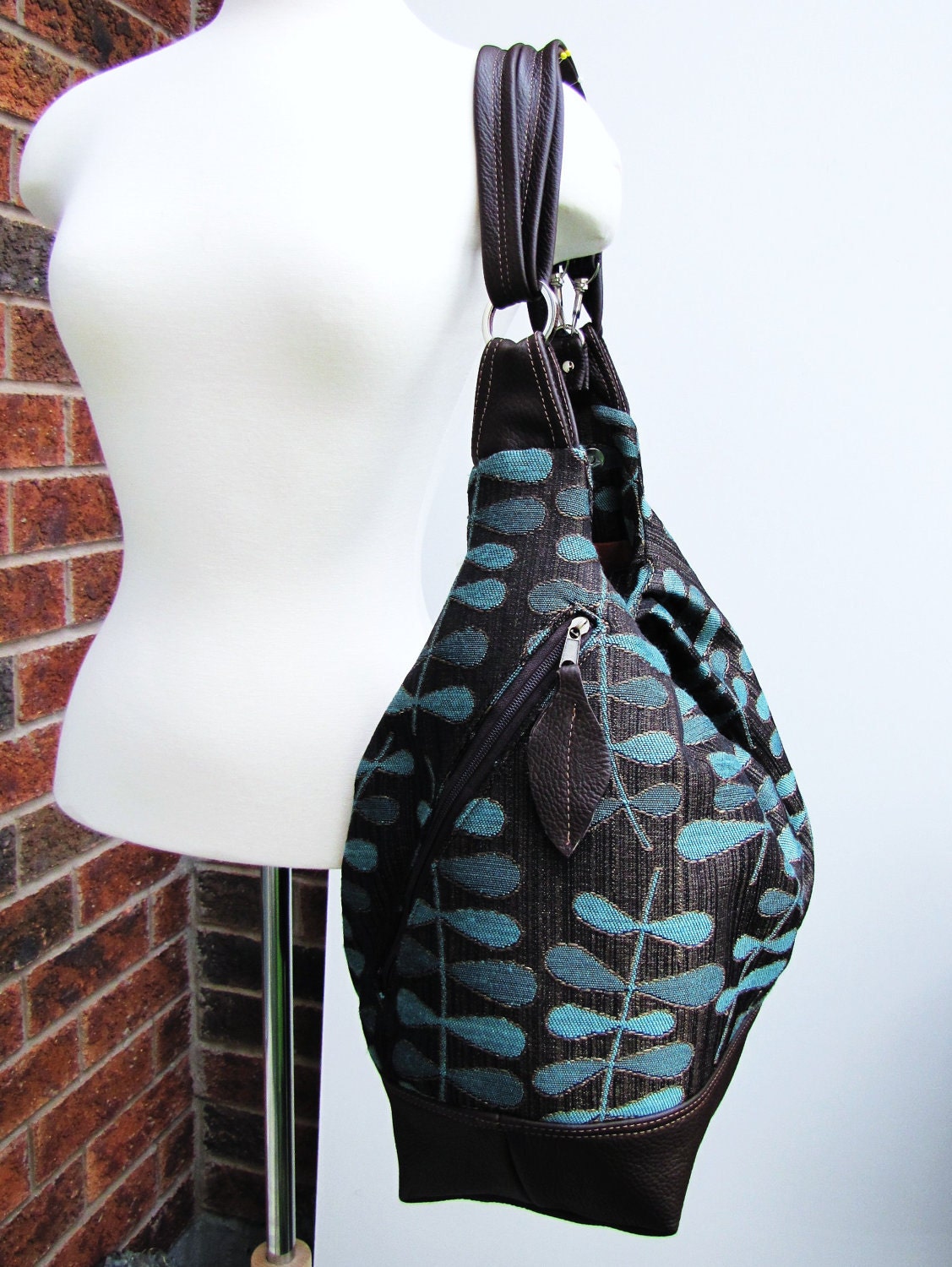 Canvas/leather backpack messenger, extra large convertible bag, 3 way purse - Turquoise/brown