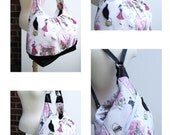 Extra large pink cotton bag with leather straps, base, zipper top closure - Paris fashion prints