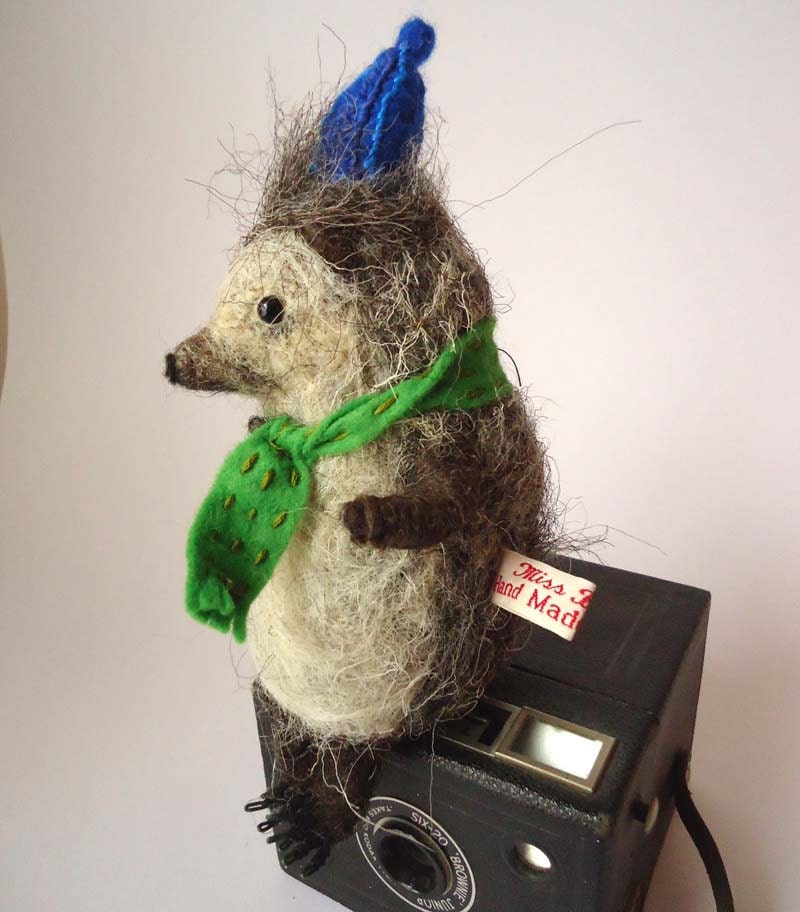 Hand Made British Wool, Needle felted Halloween trick or treat Hedgehog with Pumpkin