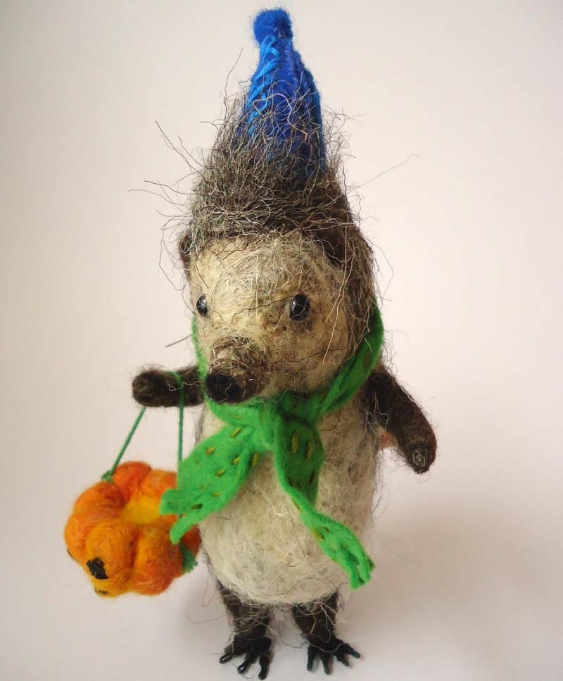 Hand Made British Wool, Needle felted Halloween trick or treat Hedgehog with Pumpkin