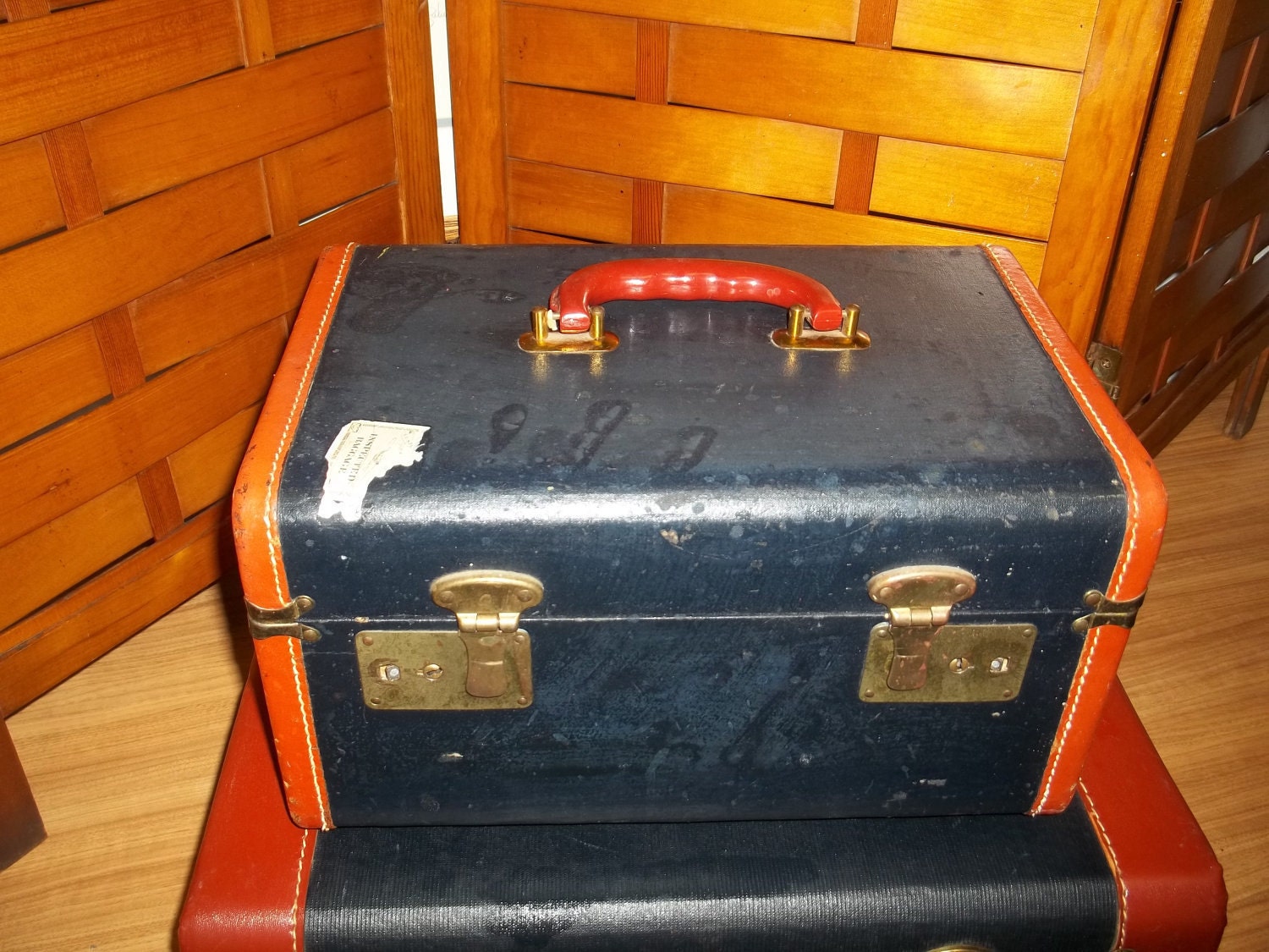 Vintage navy and brownish red leather train case