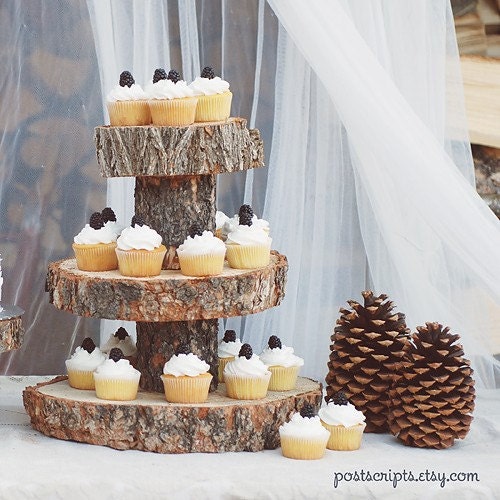 Custom for Justine - sizes 10-12, 14-15, 18 - Rustic Wood Tree Slice 3-tier Cake and Cupcake Stand for your Wedding, Event, or Party