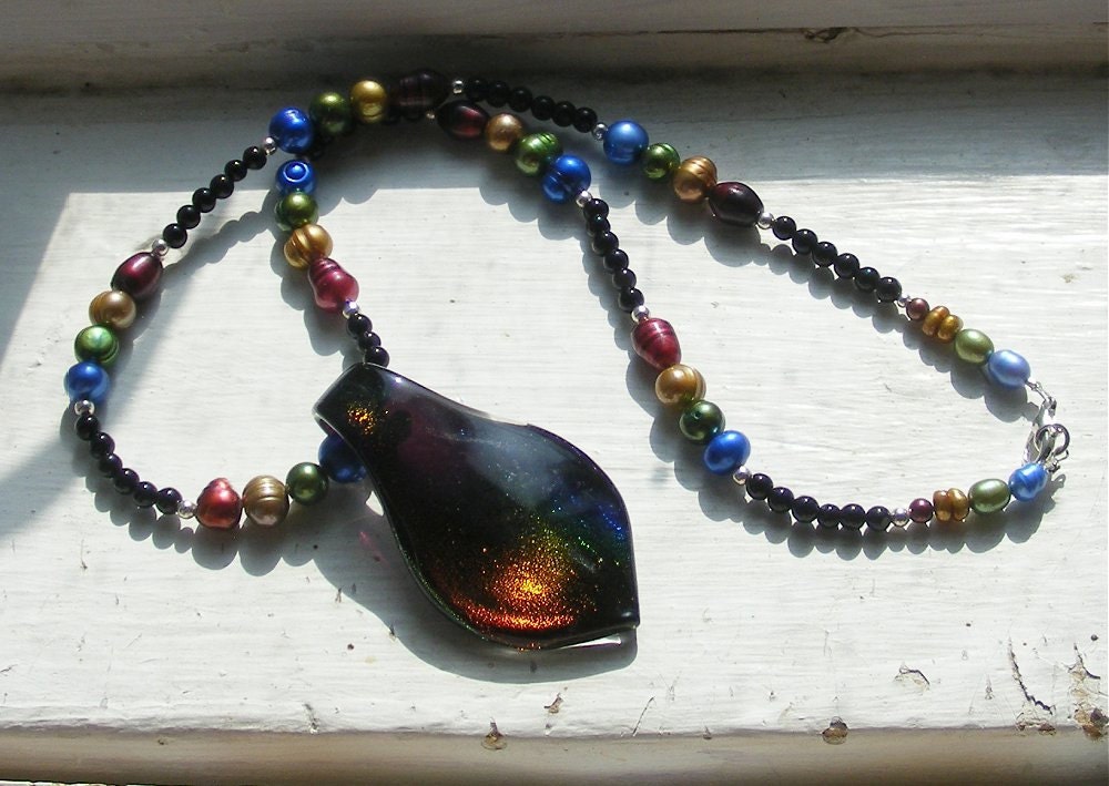 Rainbow Warrior - Dichroic Glass, Gemstone, and Pearl Necklace