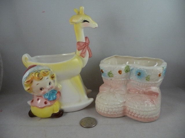 2 Small and Cute Vintage Nursery Planters Boots and Girl with Giraffe TLC