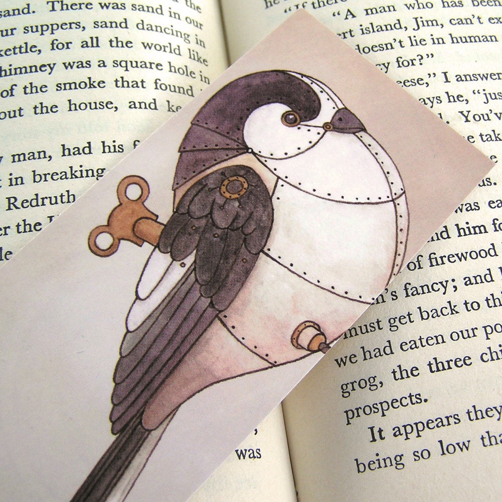 Clockwork Long-tailed Tit Bookmark - steampunk illustration print