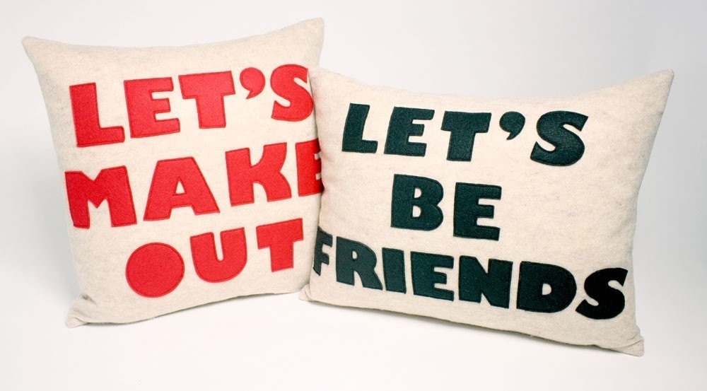 LET'S MAKE OUT - oatmeal and red- 16 inch recycled felt applique pillow