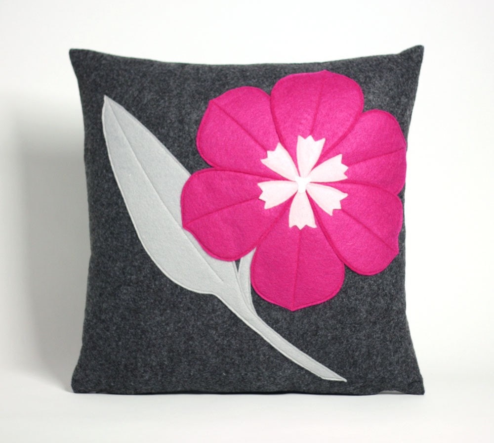 TULIP - charcoal and fuchsia 16 inch recycled felt applique pillow