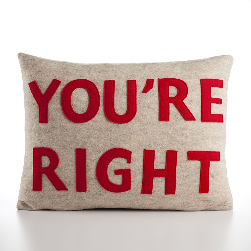 YOURE RIGHT -  recycled felt applique pillow  14"x 18"- more colors available