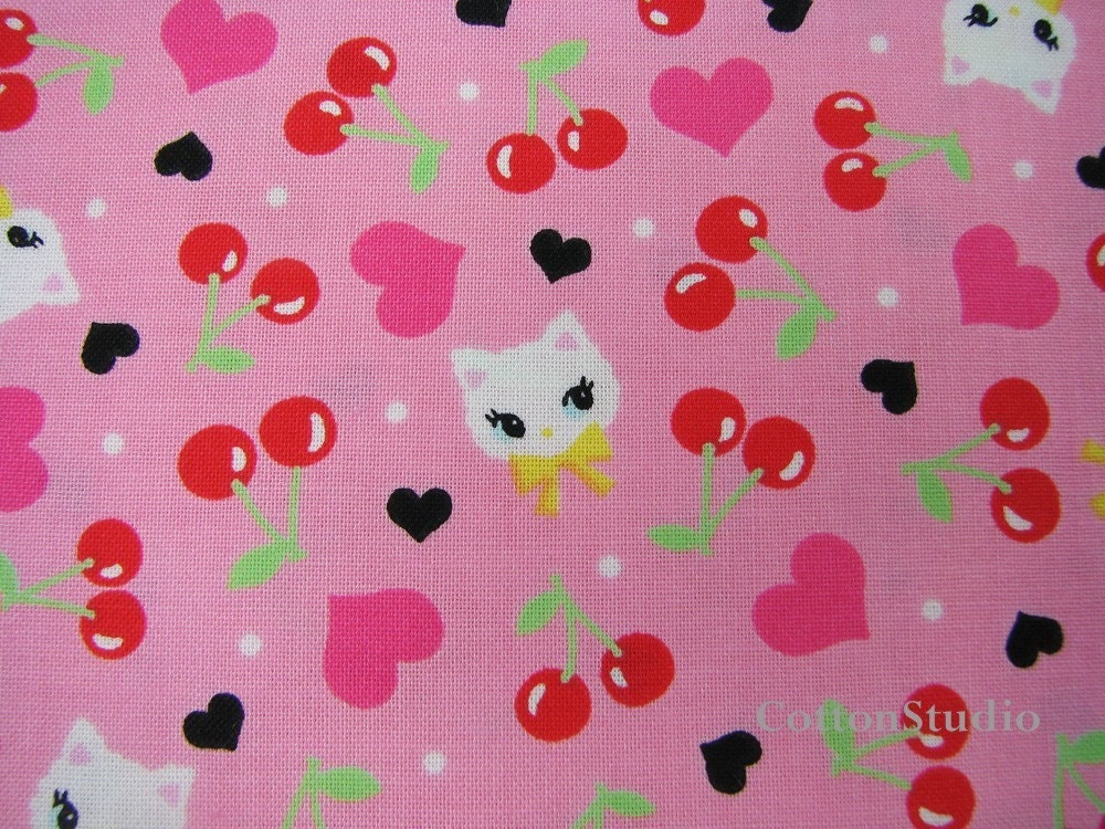 Kawaii Japanese Kitty Cat Fabric Pink 1/2 Yard - Lecien