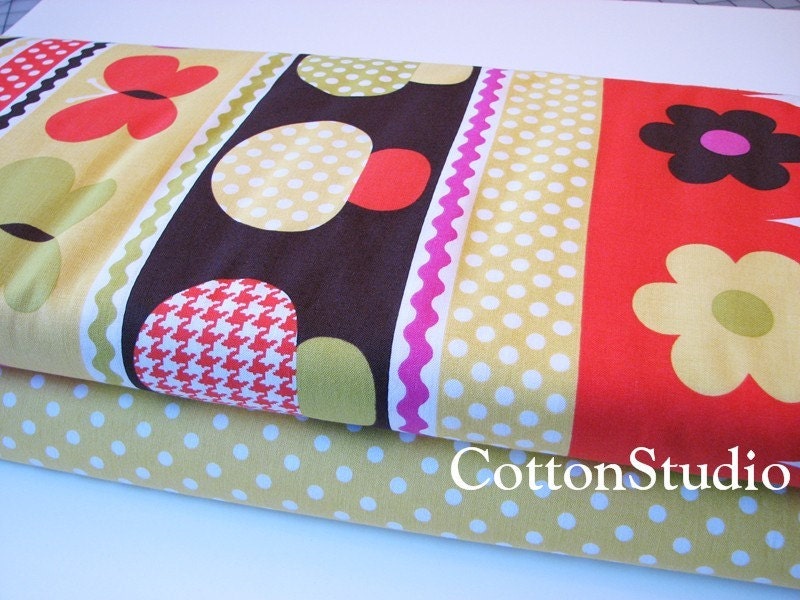 Michael Miller Mushroom Border and Dumb Dot Citron Yard Set