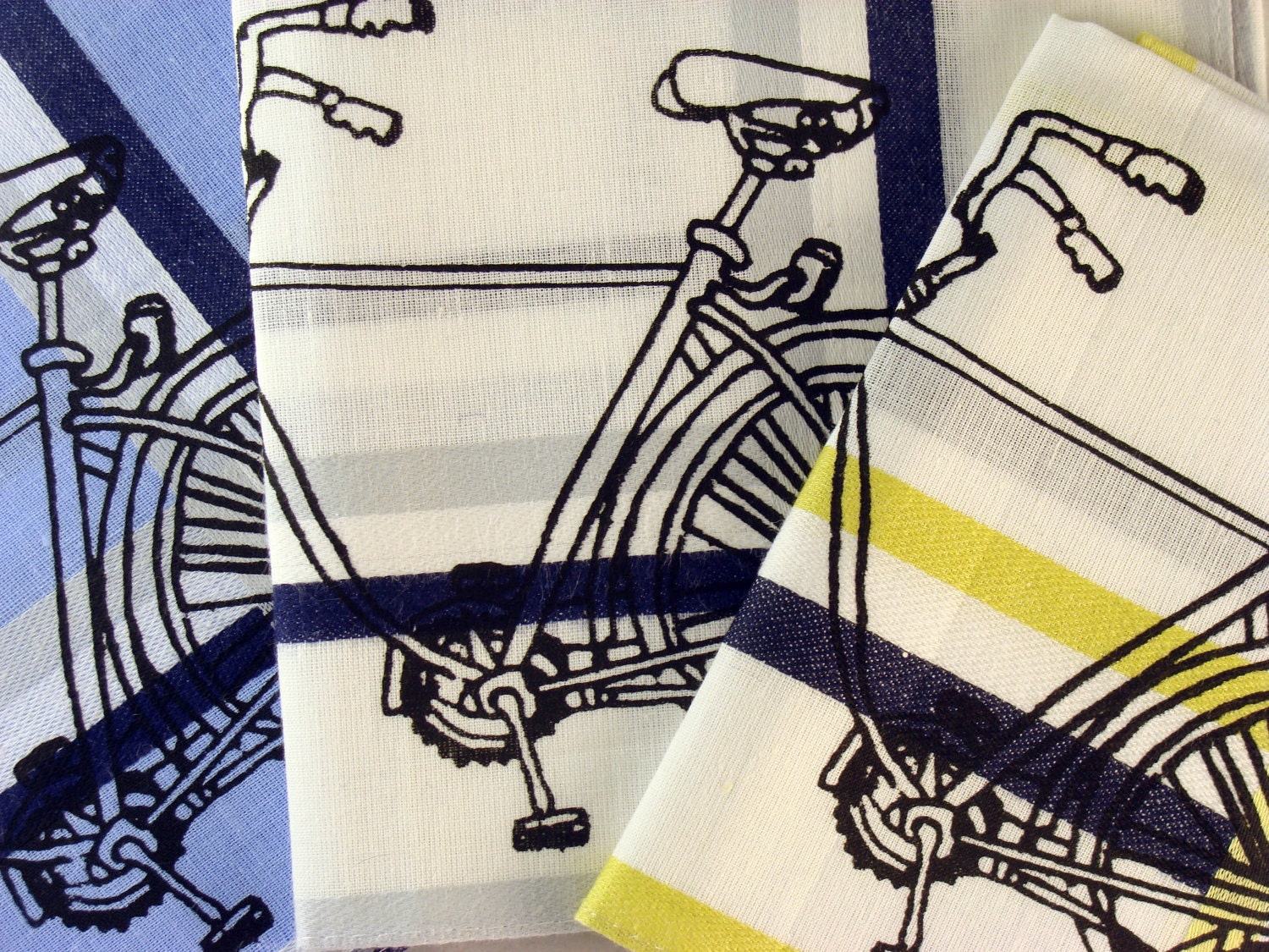 Handkerchiefs, 3 Silk-Screened Sneezy Sheets, Bicycle Print
