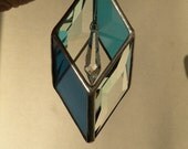 Small Teal geometric stained glass hanging with crystal