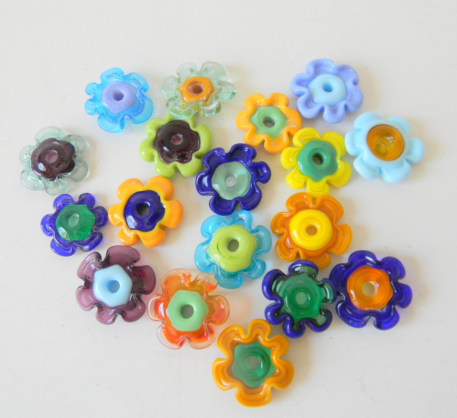 Funk Flower Disc Lampwork Beads Set of 18 Orange, Blue, Green, Yellow