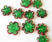 Christmas Green and Red Lampwork Glass Beads Flower Discs Set of 10