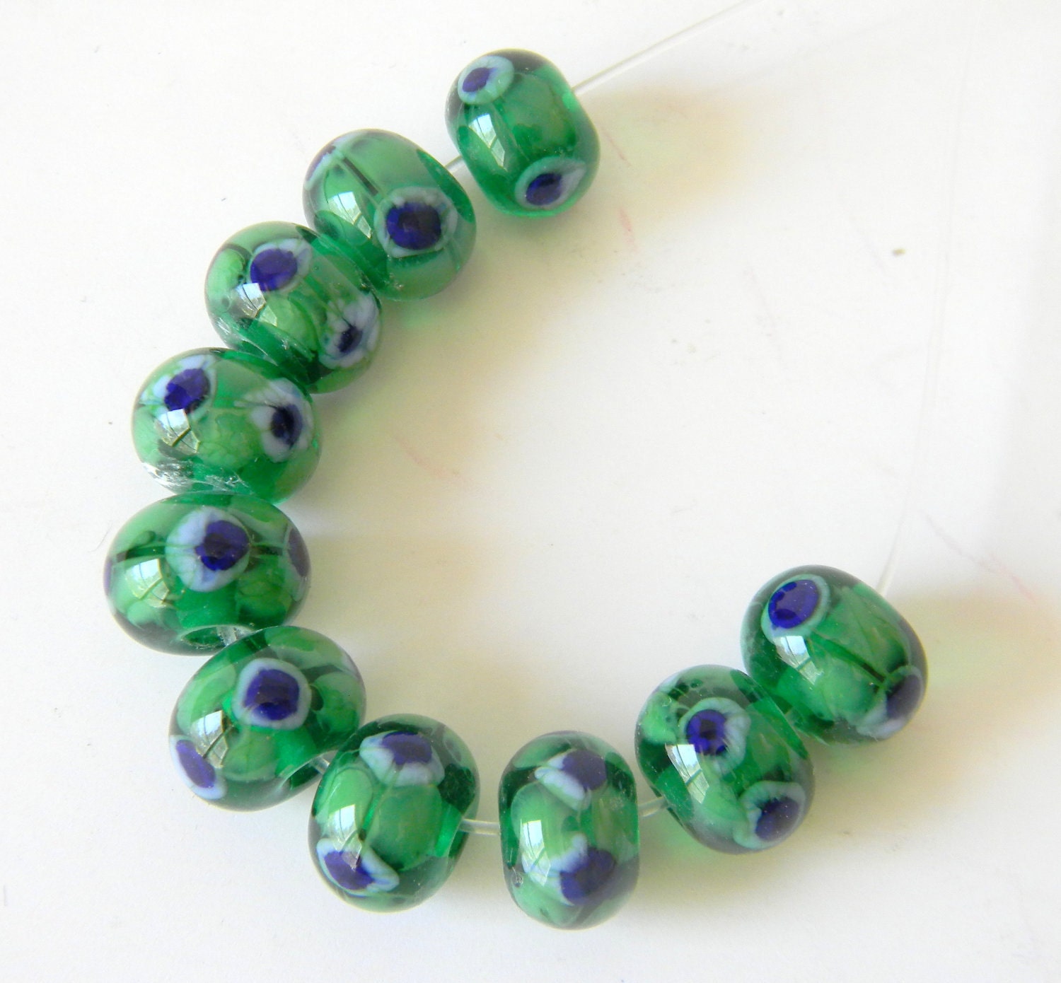 Lampwork Bead Set Mosaic Crackle Spots 10 Green and Blue