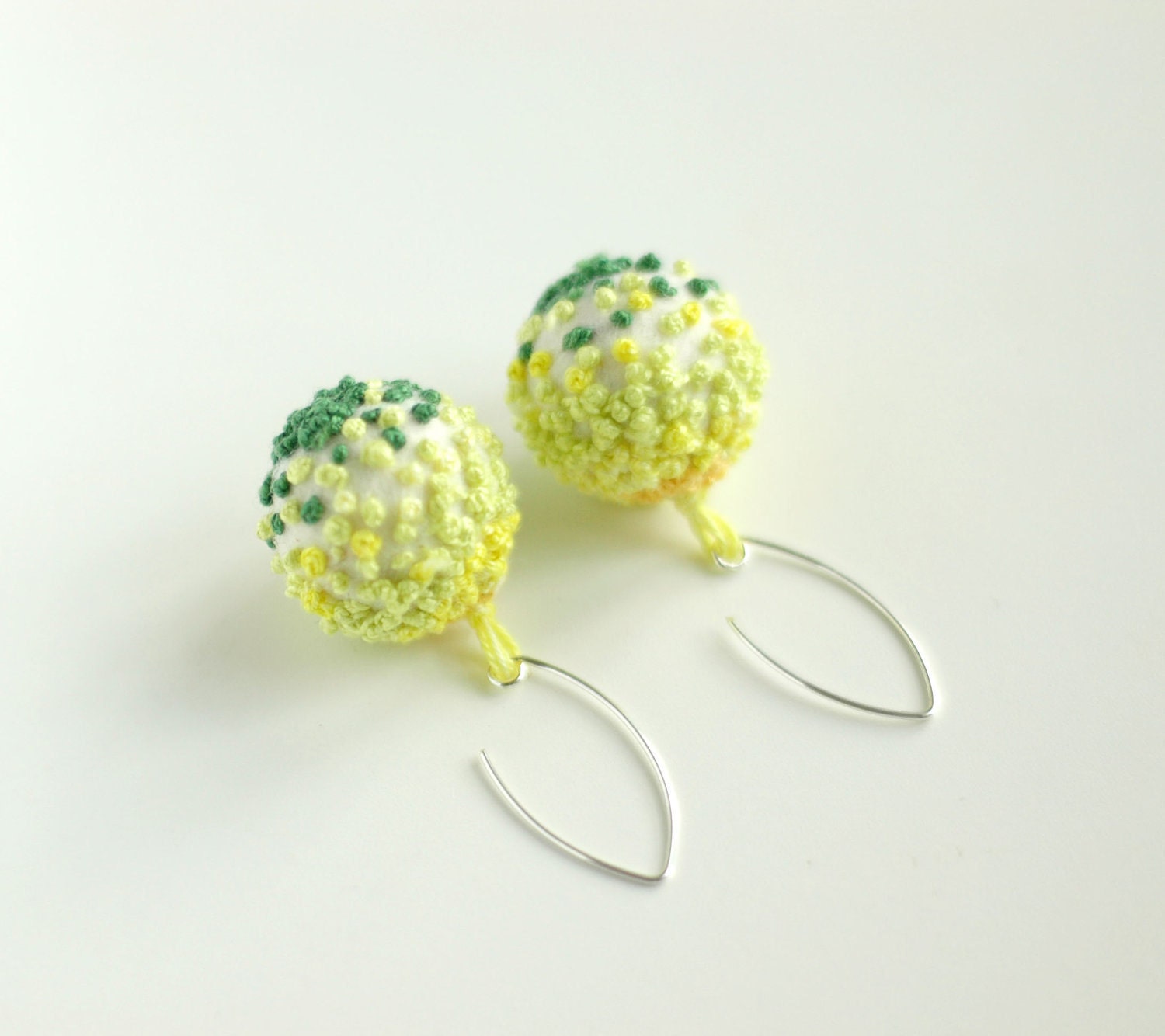 Ombre green dangle earrings - fresh lime green embroidered felt earrings