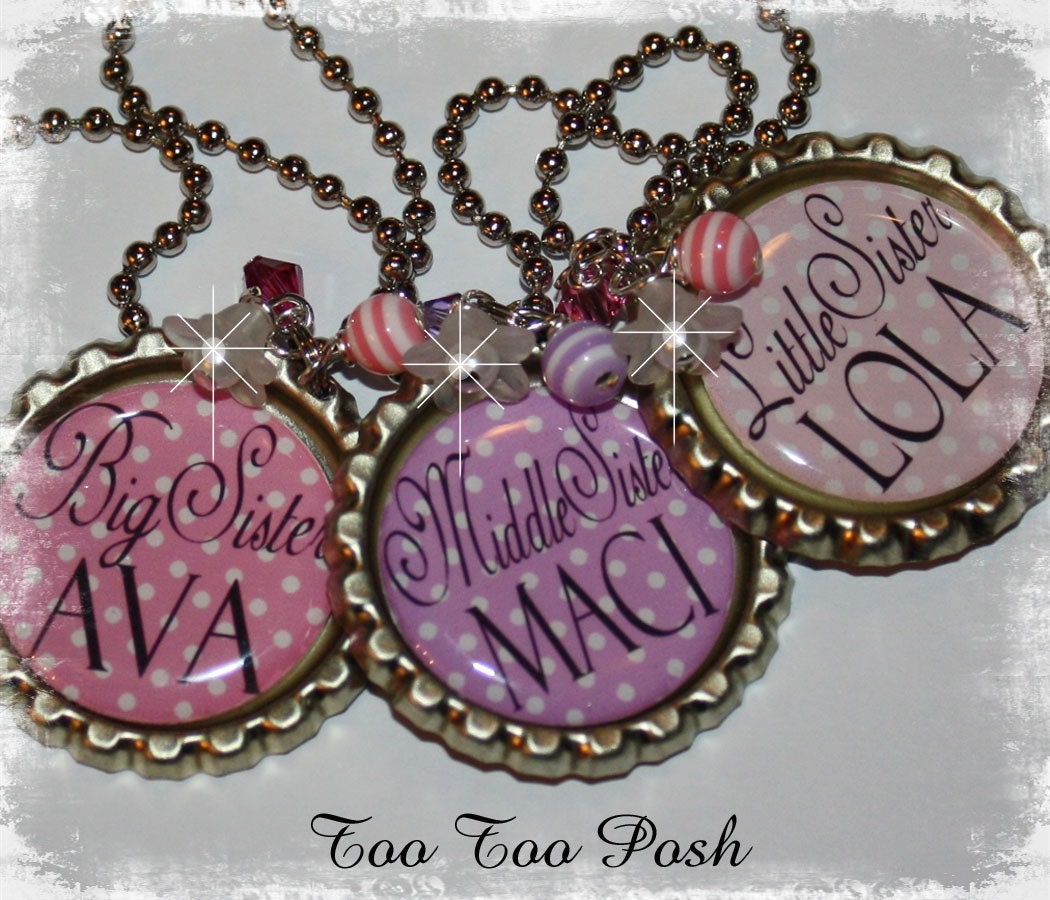 PERSONALIZED Big Sister Middle Sister Little Sister Bottlecap Necklace Set