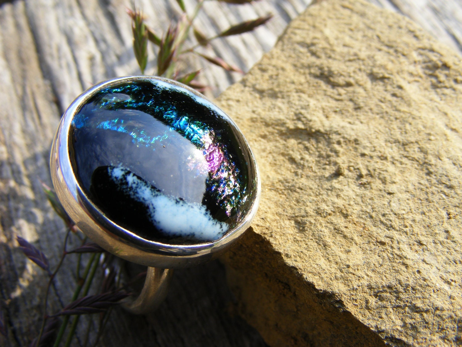 Thunder- Moody Silver and Enamel Domed Ring in smouldering Storm Colours.