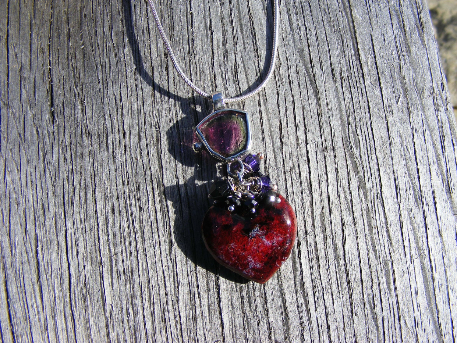 Poison Heart. Watermelon Tourmaline Slice And Enamel Heart Pendant