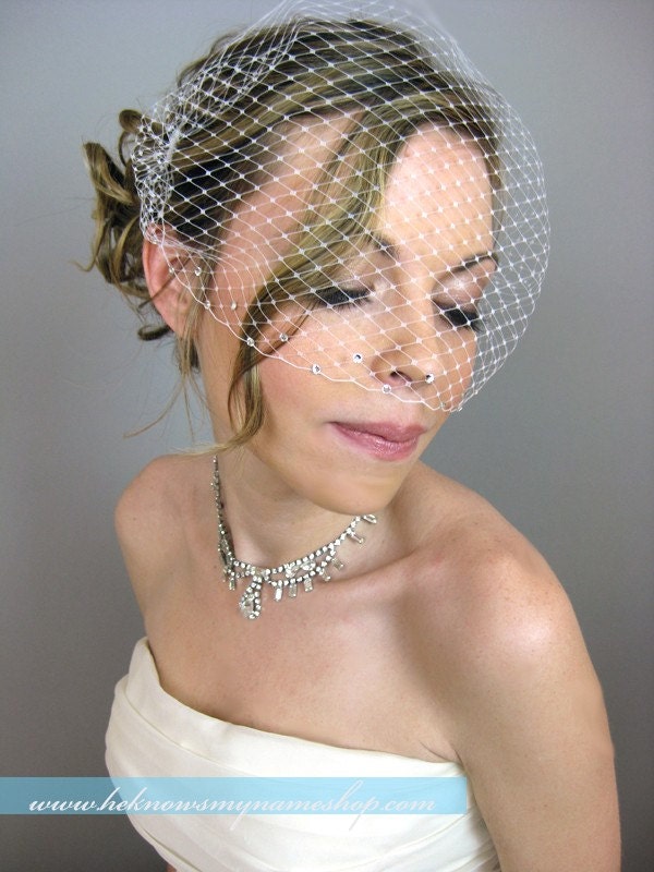Weddings Bridal Accessories Crystals Touching Birdcage Veil (Free U.S. Shipping) - blusher veil, ivory, white, black, red