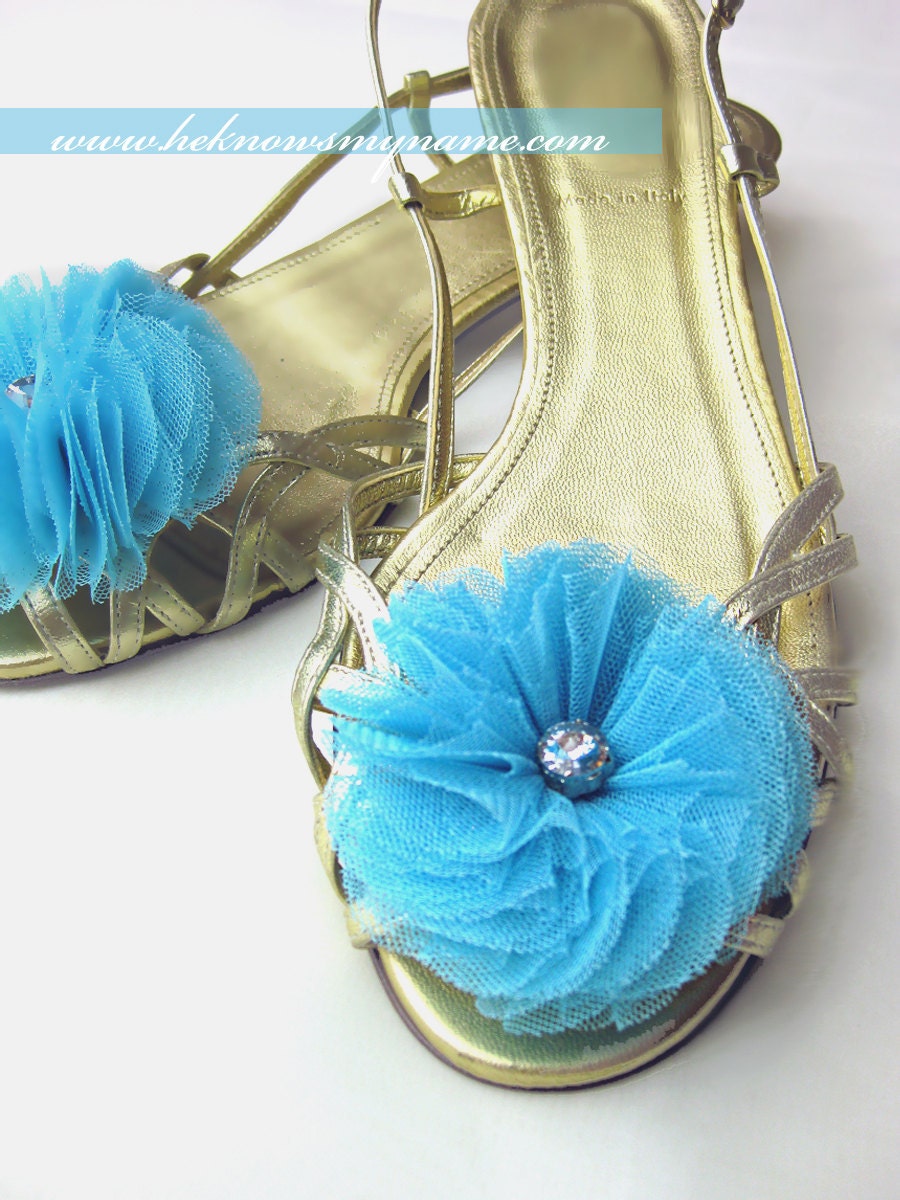 Tulle Flower Shoe Clips (Free U.S Shipping) - wedding, bridal, sweet sixteen, bridesmaids, turquoise, something blue, silver, fuschia