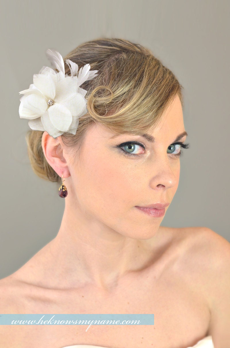 Wedding Accessories Bridal Hair, Airy Flower Head piece with Feathers - chiffon, organza, bridal hair comb, white, ivory, fuschia
