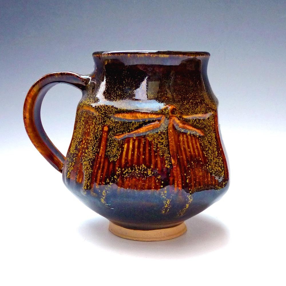 Man Handle Deco Dragonfly Mug hand thrown stoneware pottery