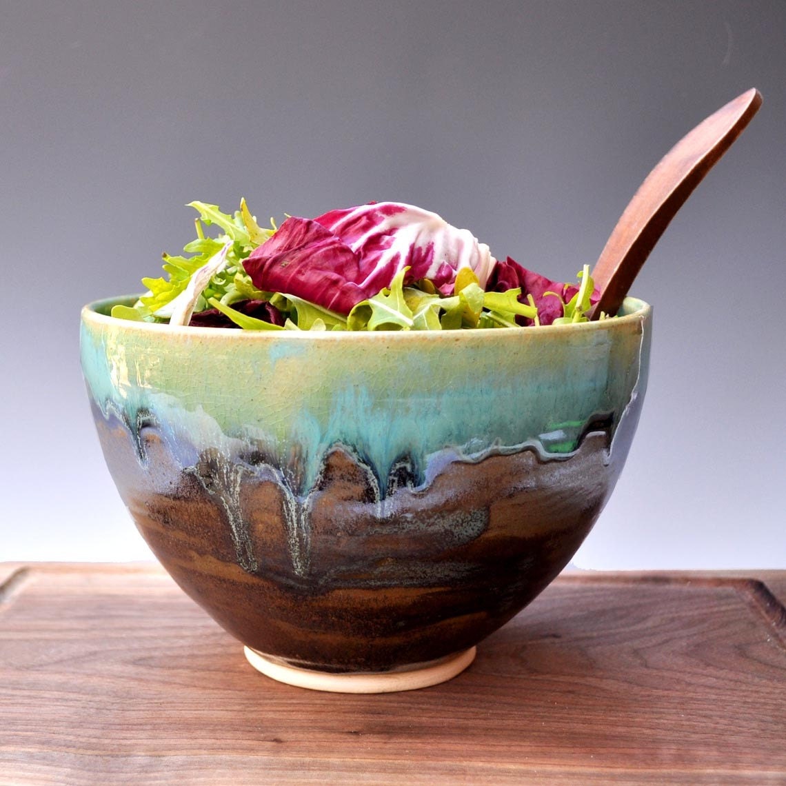 Serving bowl Noodle Bowl food prep ceramic bowl Farmhouse Morning Turquoise and Khaki Brown wheel thrown stoneware