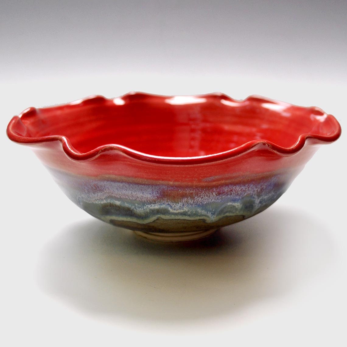 Brilliance series  Flower 4 cup Serving Bowl Red, White, Blue and Khaki Brown  wheel thrown stoneware pottery