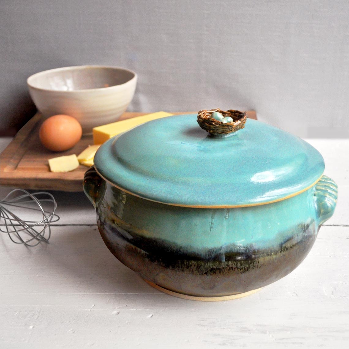ceramic Casserole handmade lidded stoneware casserole baking dish bird nest with eggs wheel thrown
