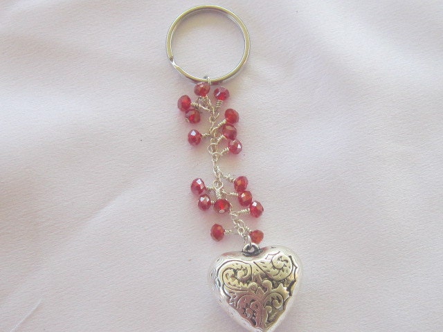 Large Puffed Heart Keychain with Siam AB Rondells