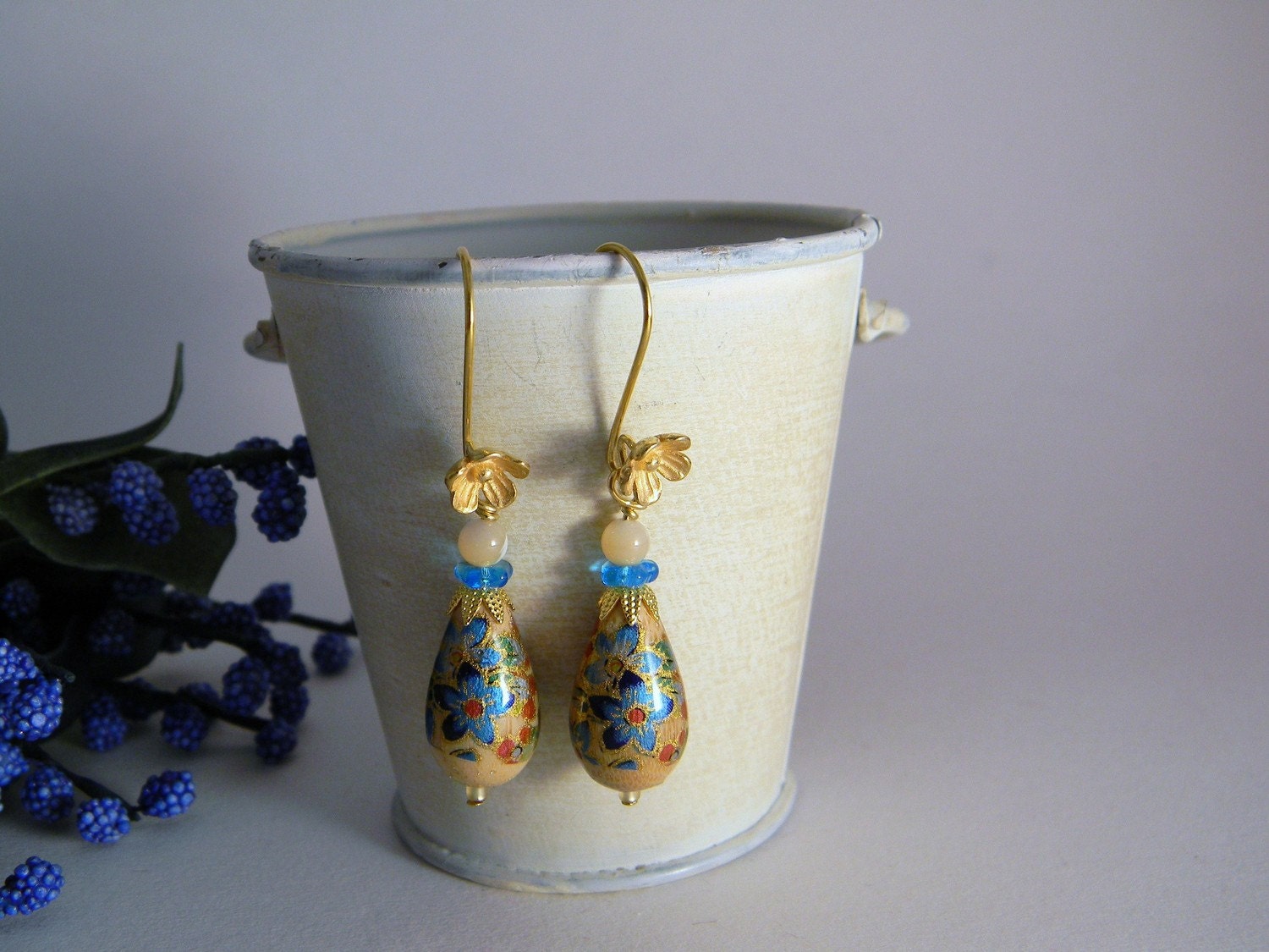 handmade teardrop blue tensha beads and cupped flower earrings - Drop of Happiness Earrings