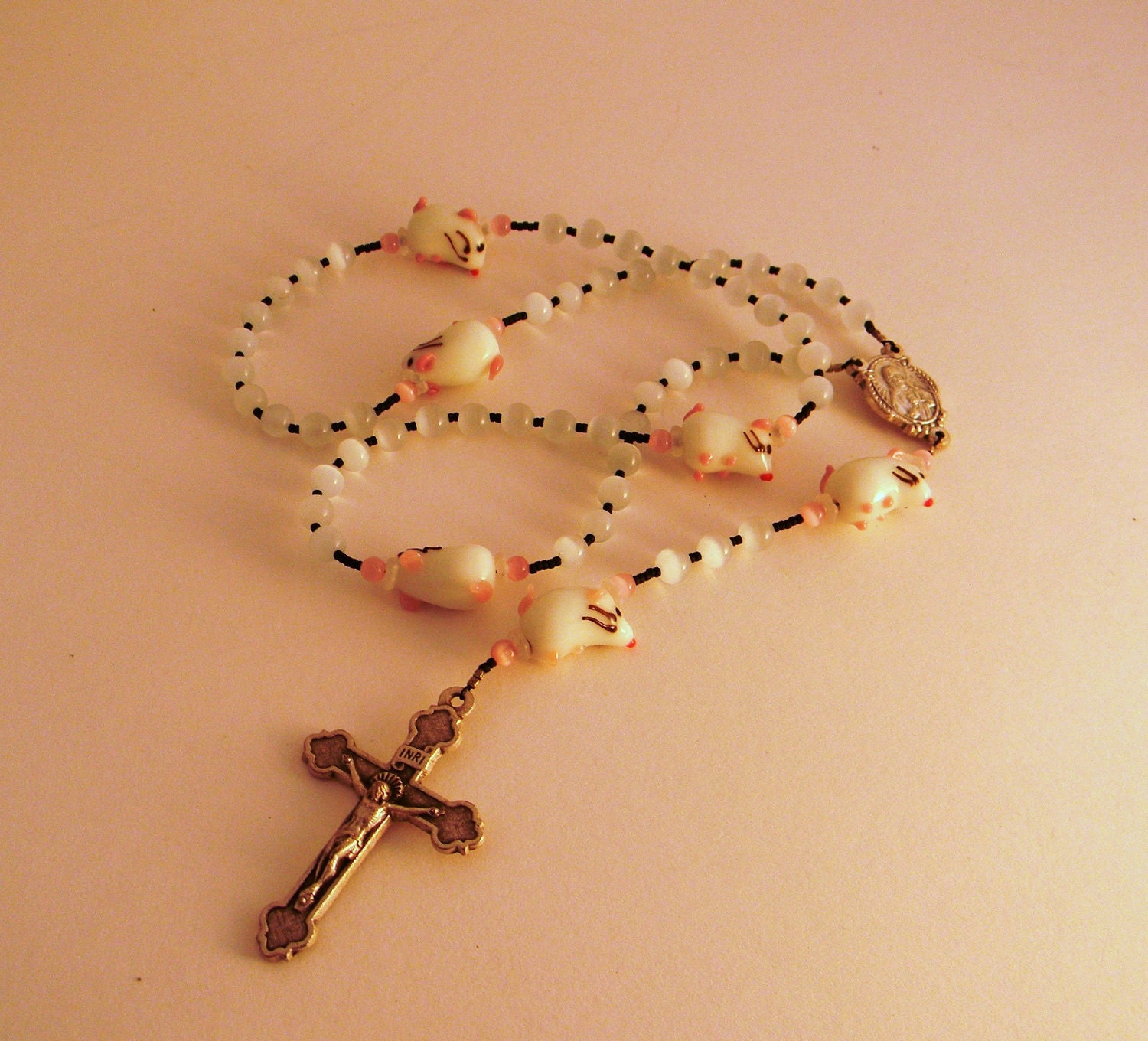 fun and whimisical handmade lampwork mouse glass rosary with silver