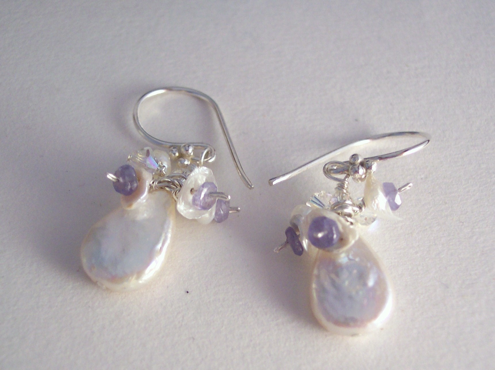 handmade fresh water teardrop and keishi pearl, iolite and Swarovski crystal earrings on sterling silver - Clarissa Earrings