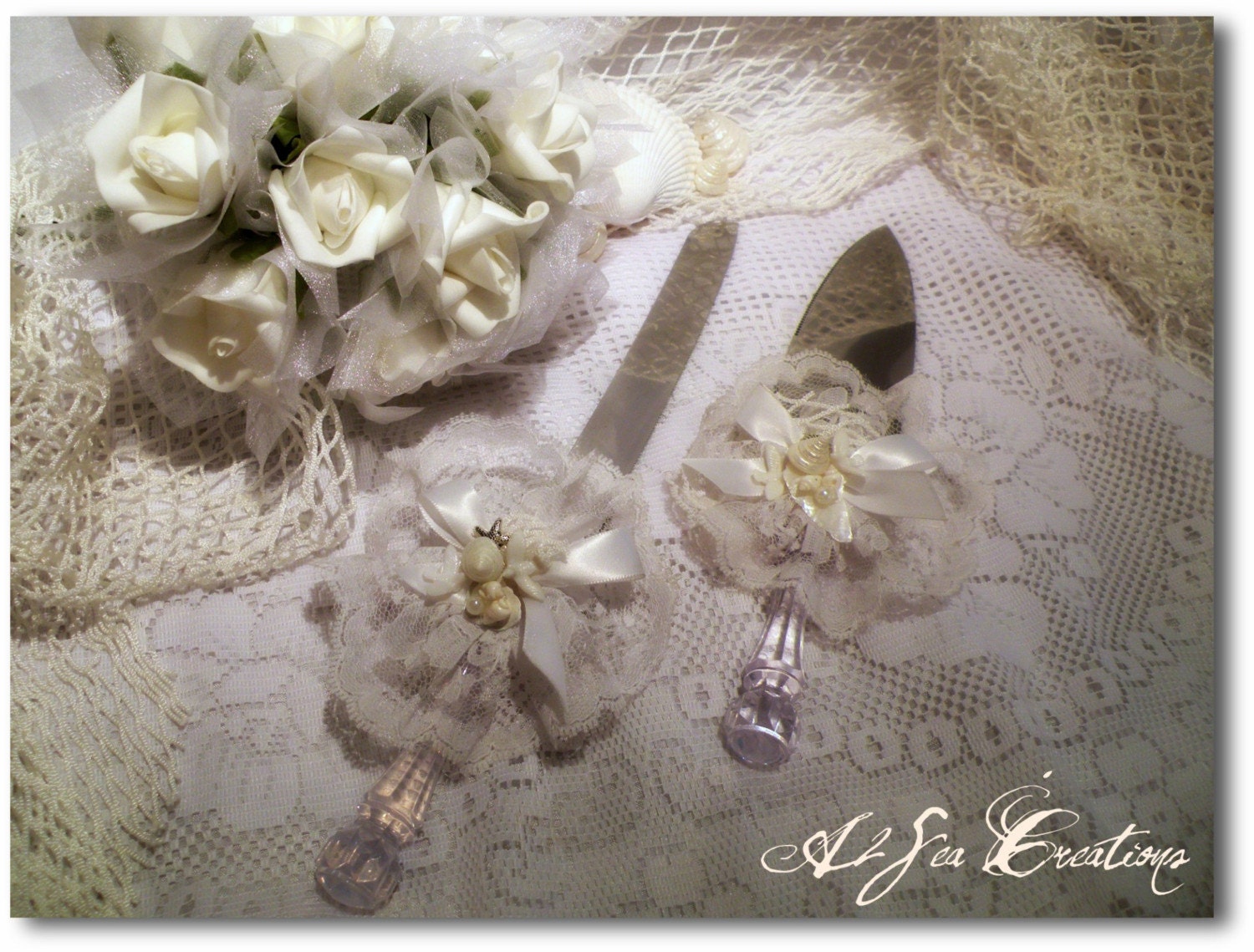 Sea Shells, Lace and Ivory Roses - Wedding Bridal Cake Servers