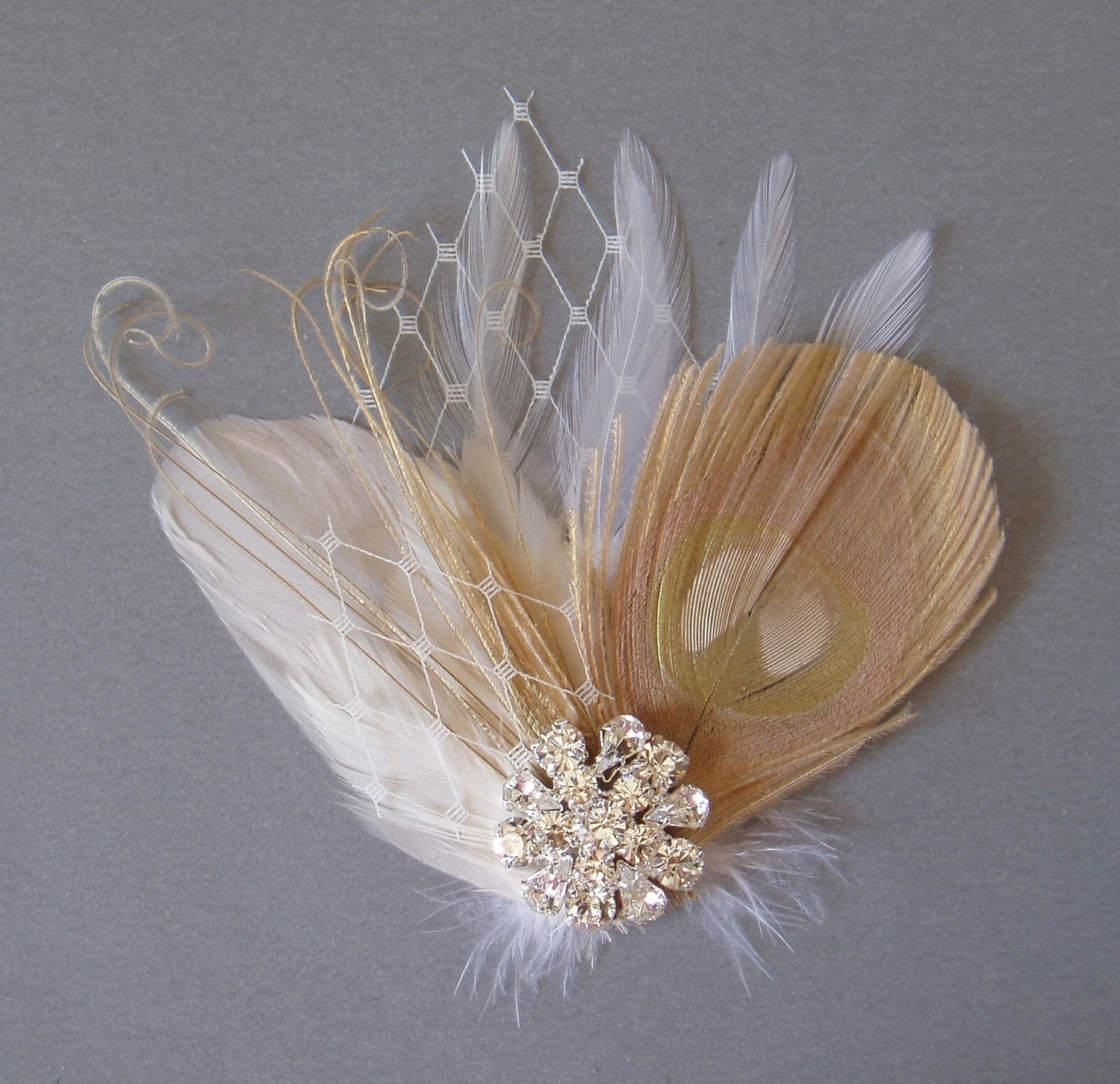 Ivory Peacock Bridal Hair Clip Feather Fascinator WEDDING HAIR PIECE champagne bride accessories w/ Rhinestone Jewel