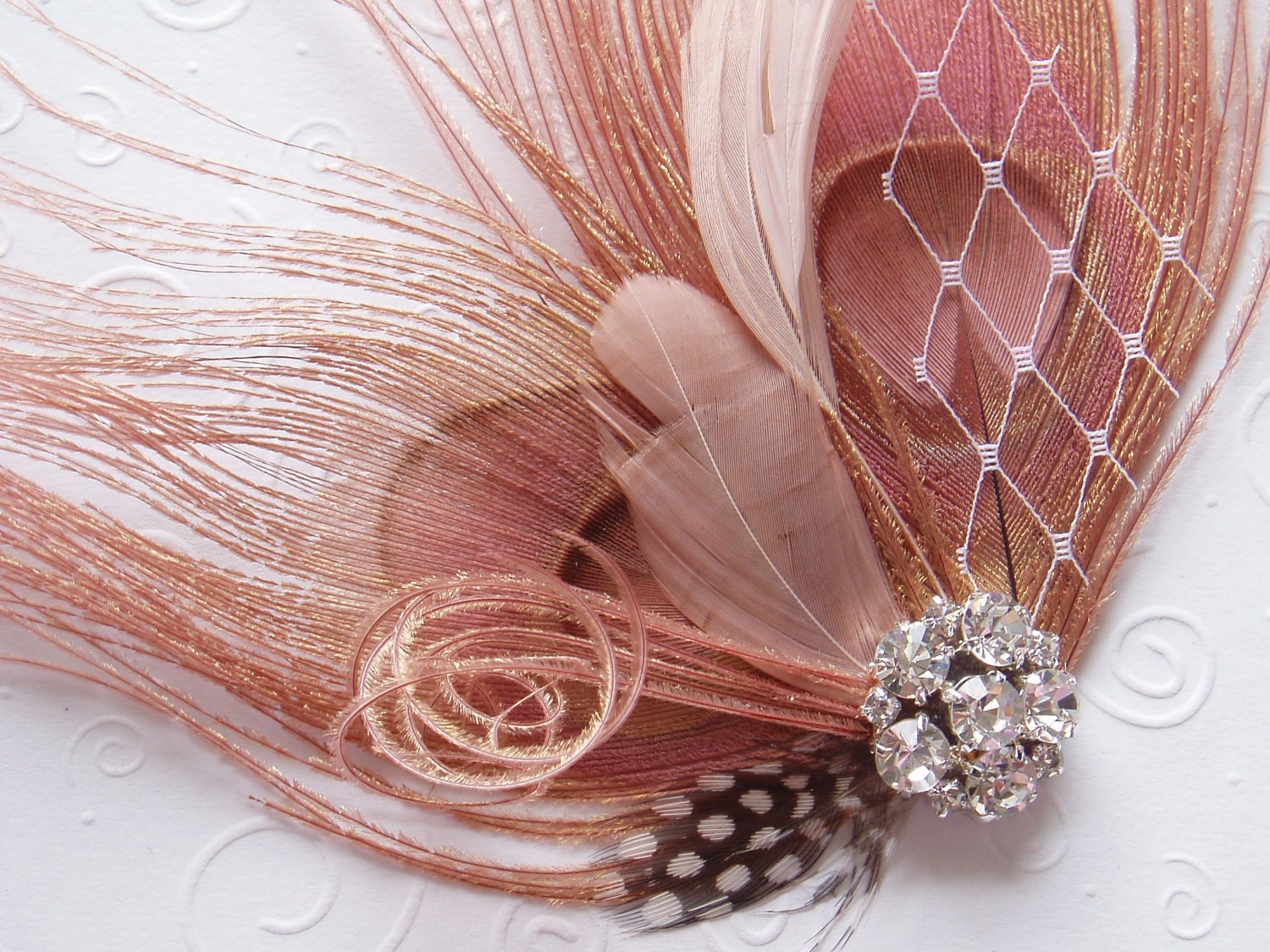 Peacock Feather Hair Clip WEDDING FASCINATOR bridal accessory Antique Pink facinator bride hair piece - Ready to Ship