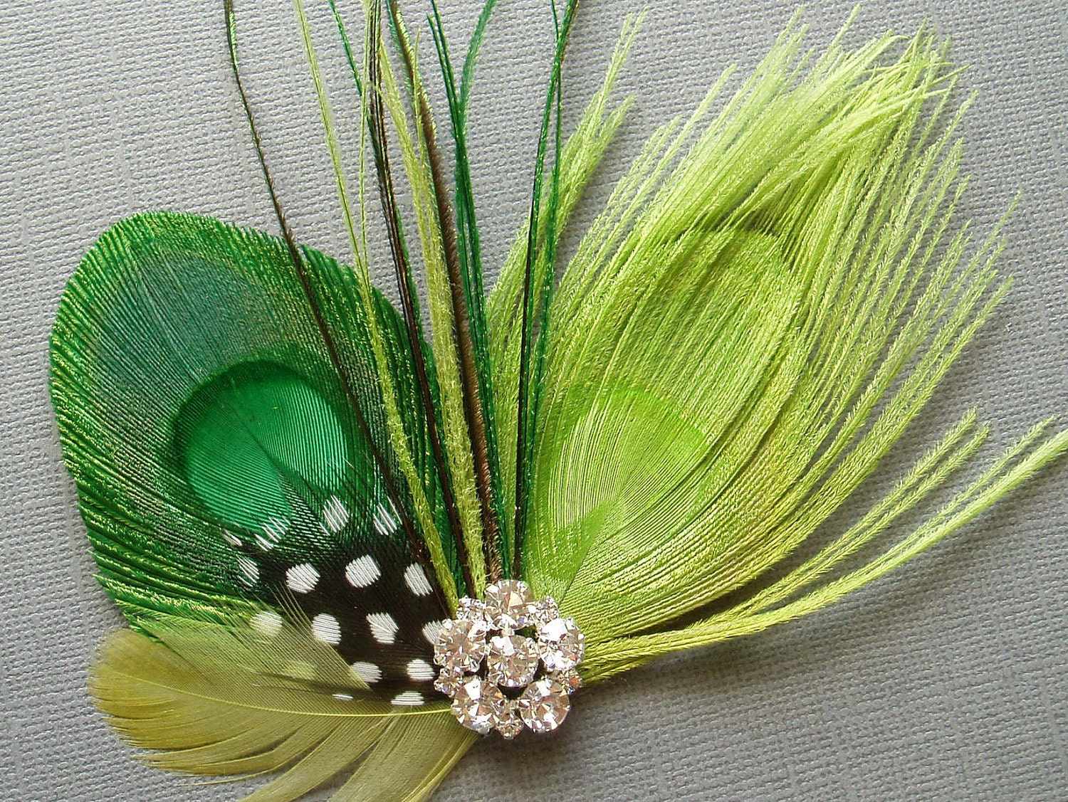 Lime and Green Peacock Feather Hair Clip - Bridal Fascinator with Rhinestone Jewel