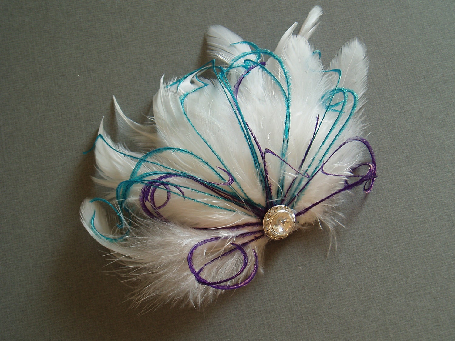 Wedding Feather Hair Accessory, Feather Fascinator Bridal Hair PIece Bride White Feather Hair clip - TEAL PURPLE bridesmaid accessories
