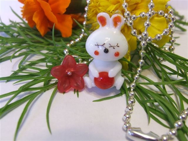 Glass Bunnies and A Flower RED n LAVENDER ONLY