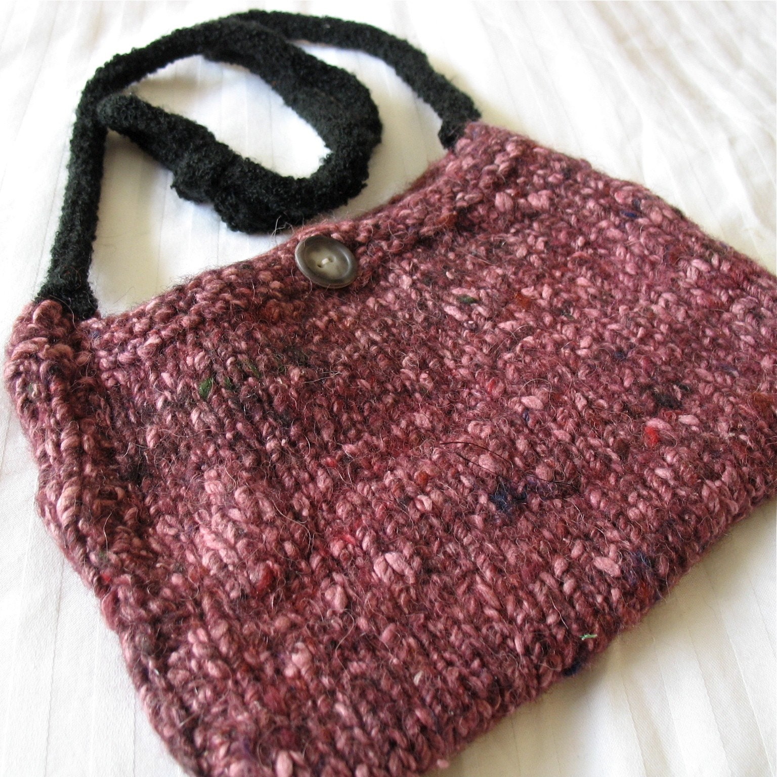 Knit Purse Handbag / Purple Plum / Black Strap / Button Close
