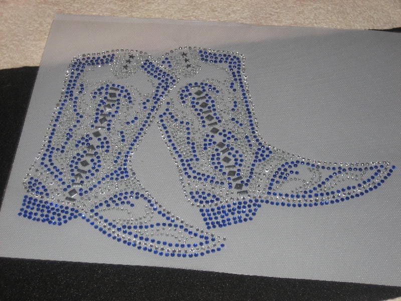 Rhinestone Iron on Trsf of Cowgirl Boots in Beautiful Blue Sparkling Bling