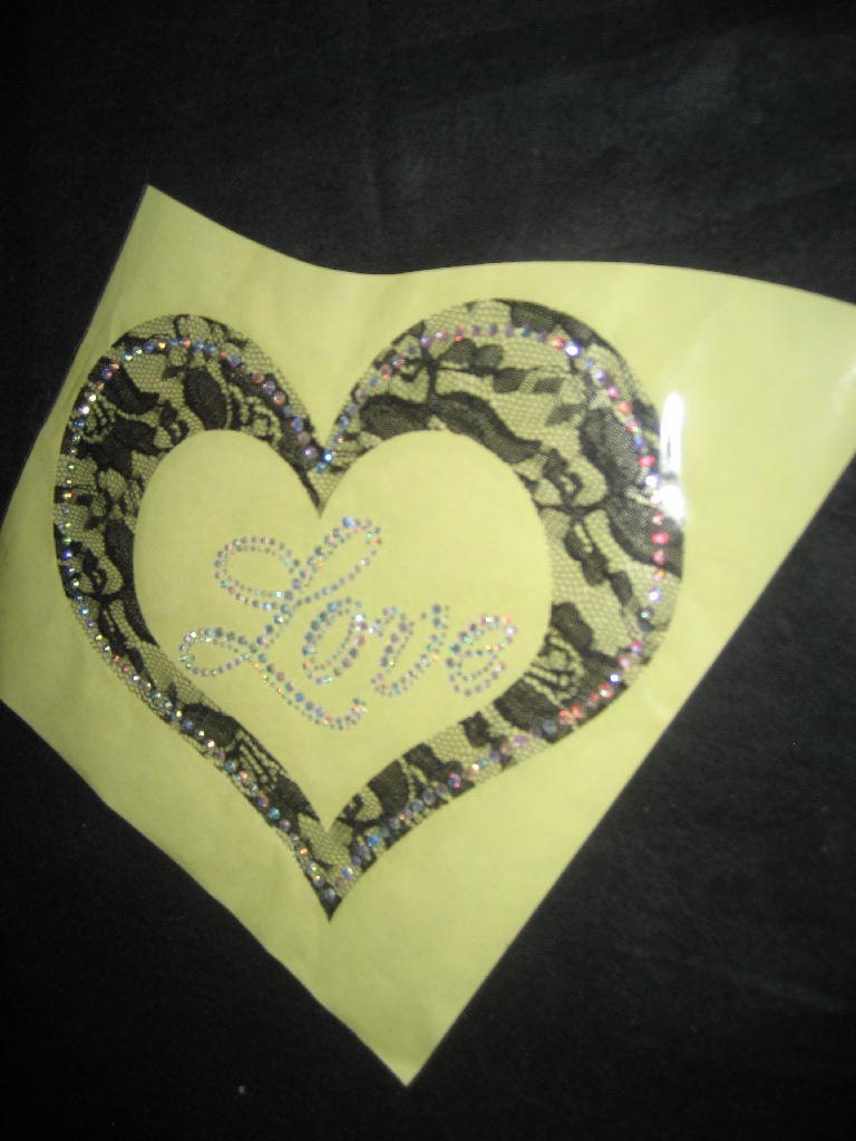 DIY Heat Transfer Black Lace Heart with the word Love Centered in rhinestones