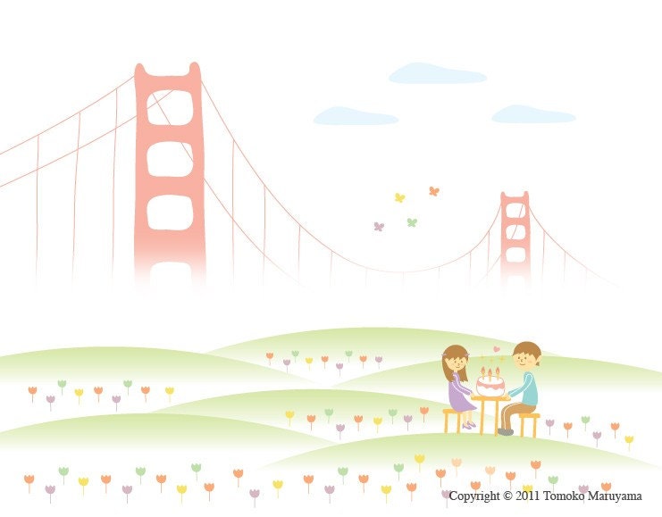 Sweet Happy Birthday Art Print 11"x14" - San Francisco, Golden Gate Bridge, Wall Art, Anniversary, Flower, Love, Couple, Cake, Birthday