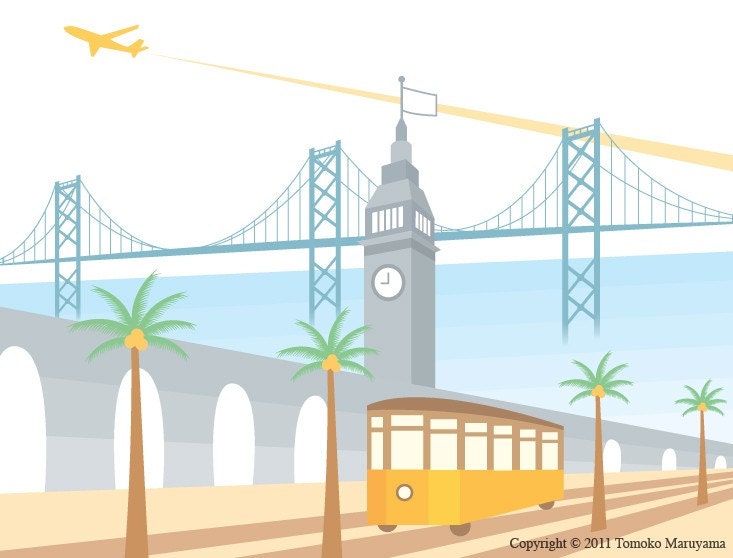Tram at the Ferry Building Art Print 11"x14" - San Francisco, Ferry Building, California, Tram, Wall Art, Palm Tree, Plane, Bay Bridge